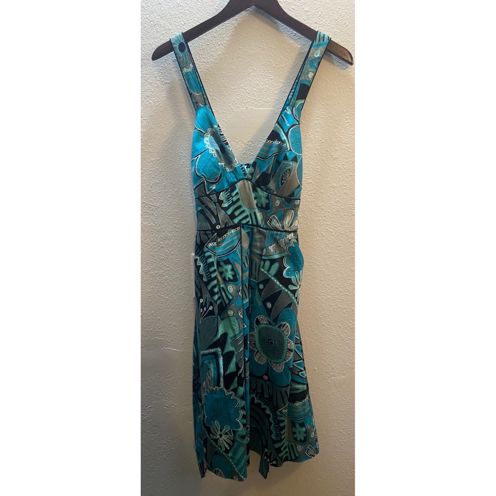 Corey P. Abstract Floral V-Neck Dress Women's Size 10 Turquoise Criss-Cross Back